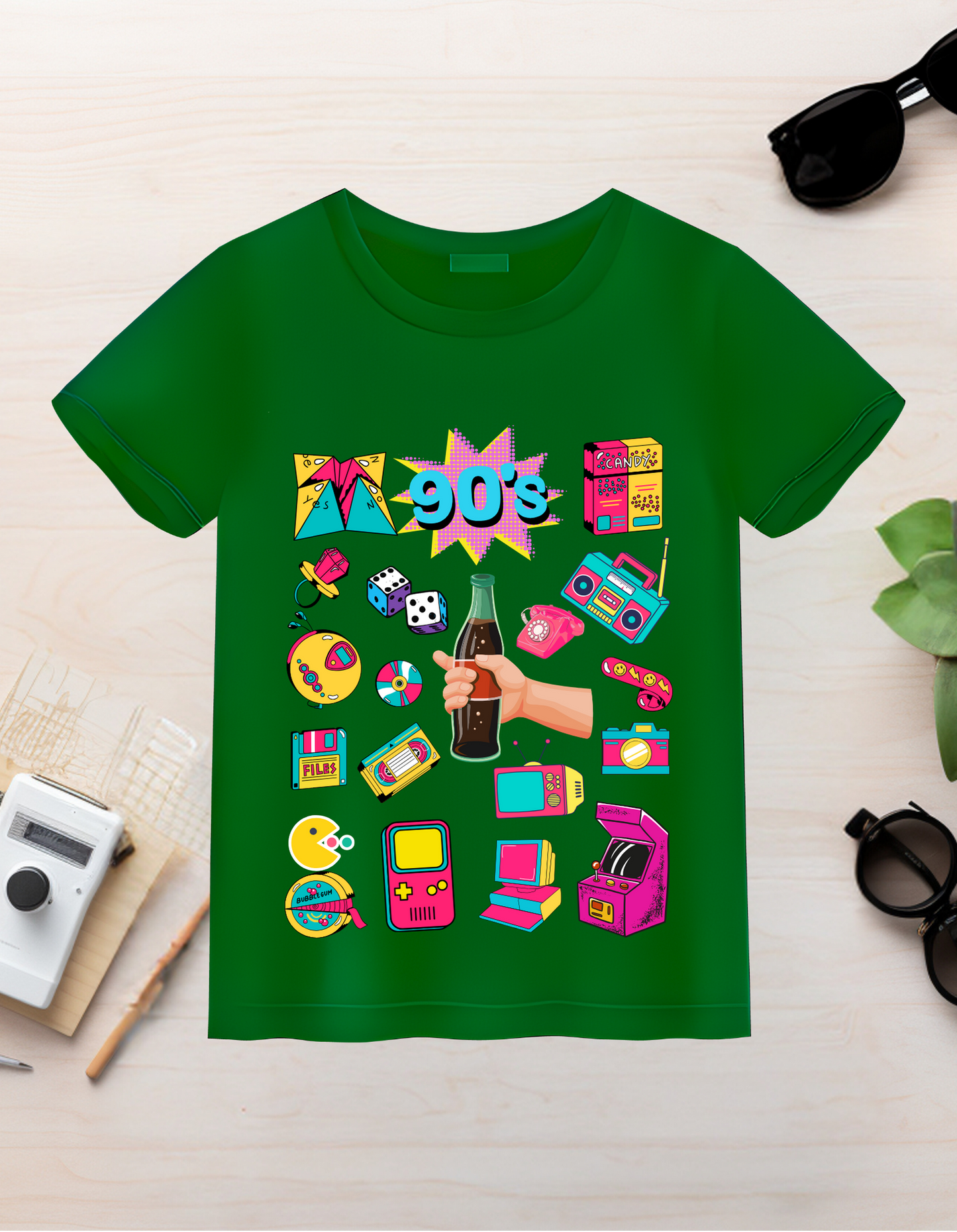 90's Theme Kids Organic Cotton T-shirt Green from DoodleChic