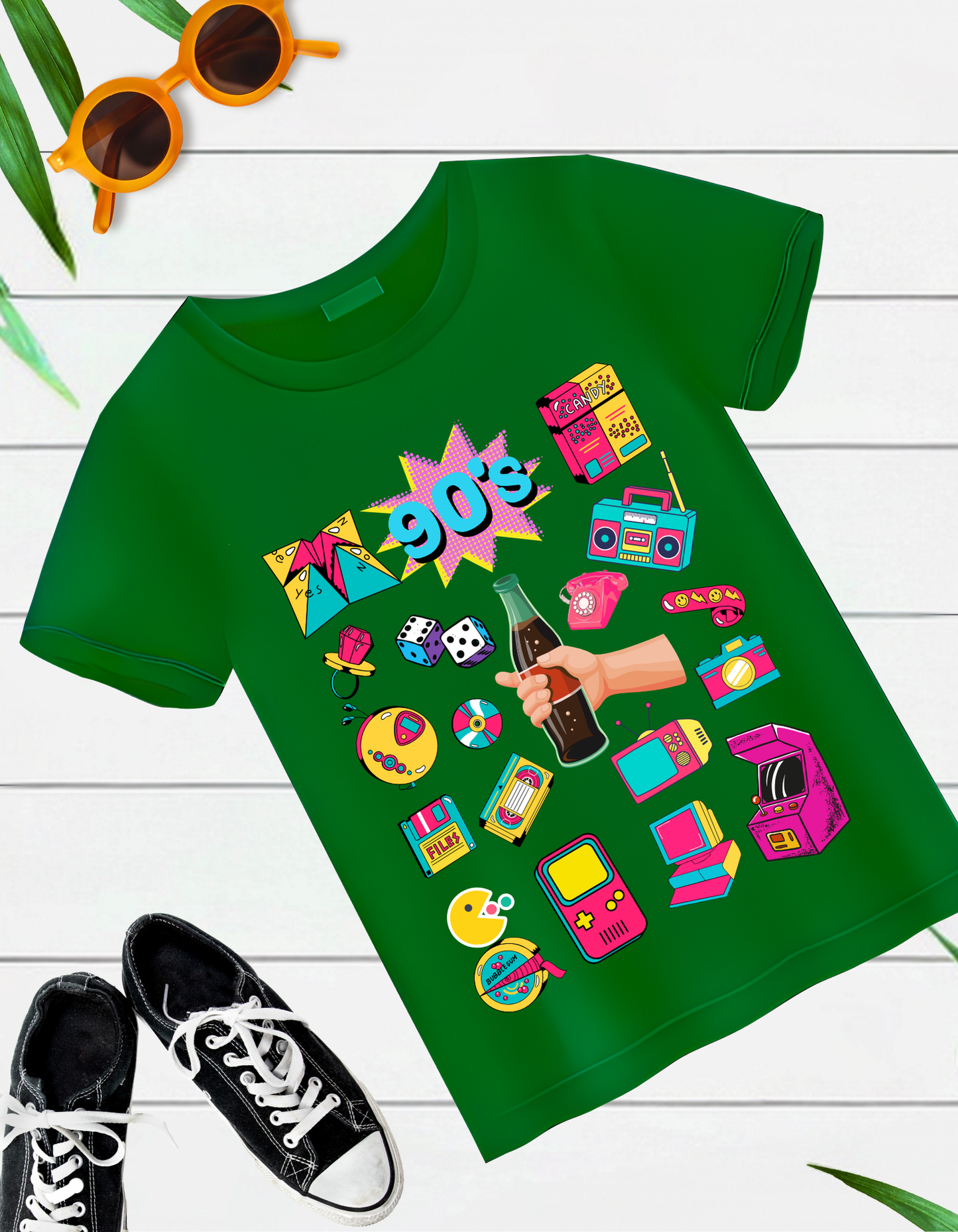 90's Theme Kids Organic Cotton T-shirt Green from DoodleChic