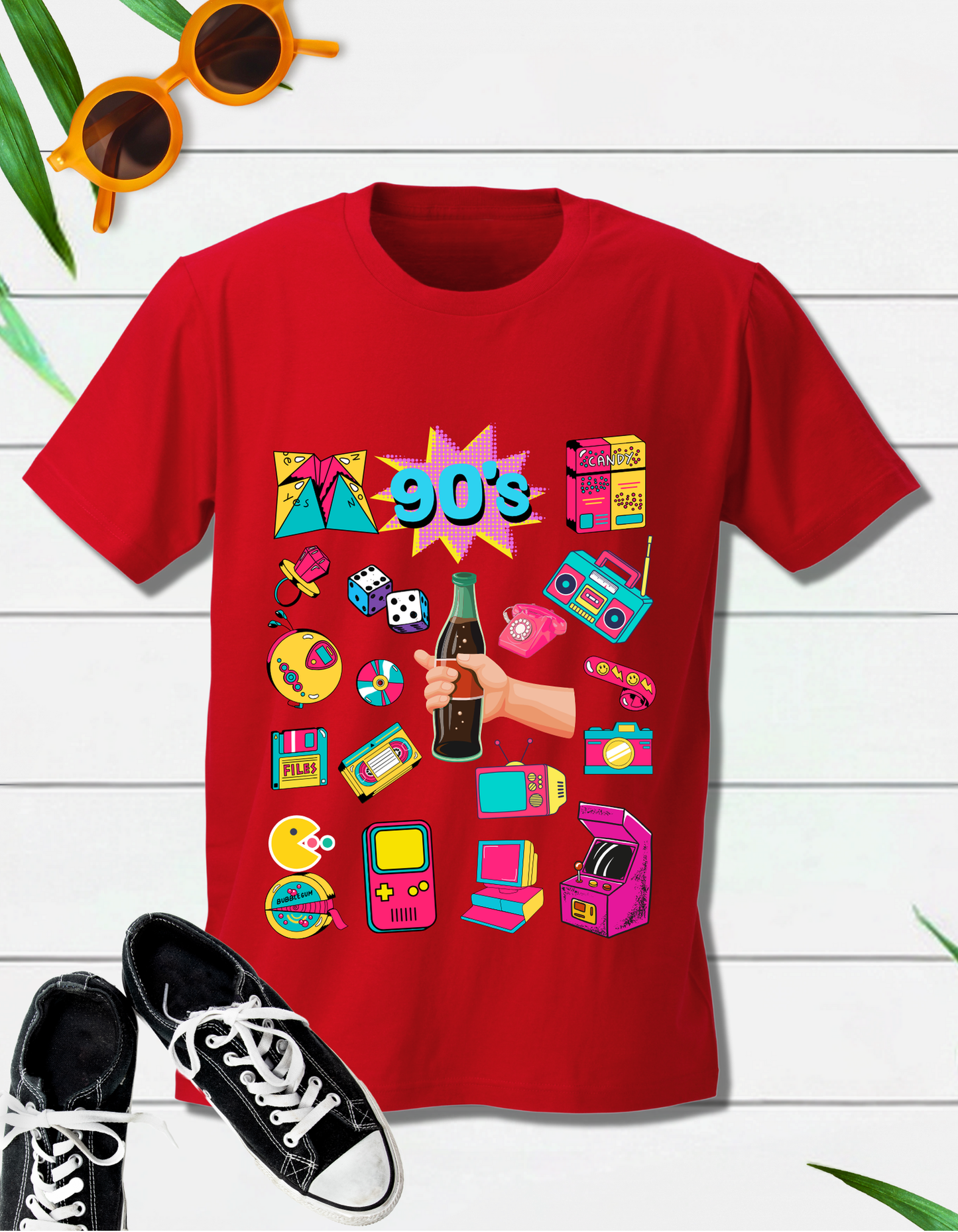 90's Theme Kids T-shirt Organic Cotton Red from DoodleChic
