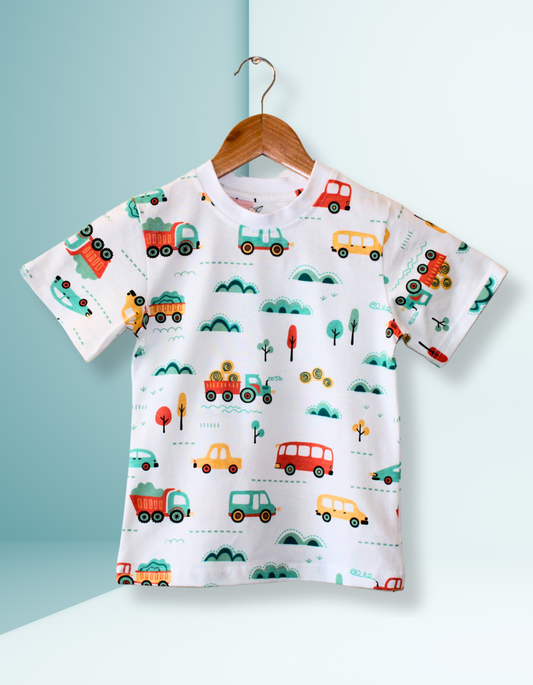DoodleChic Transport Adventures T-shirt in 100% organic cotton with playful vehicle print, perfect for sustainable kids fashion and summer outings.