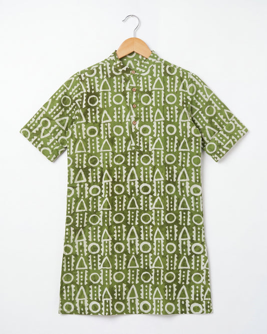 अBIR Olive Green Virasat Long Kurta for Boys with a white geometric pattern of triangles, circles, and dots, hanging on a wooden hanger against a white background.