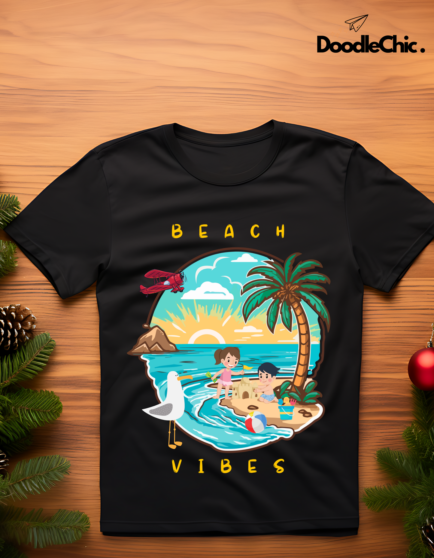 Beach Vibes Kids Organic Cotton T-shirt Black from DoodleChic