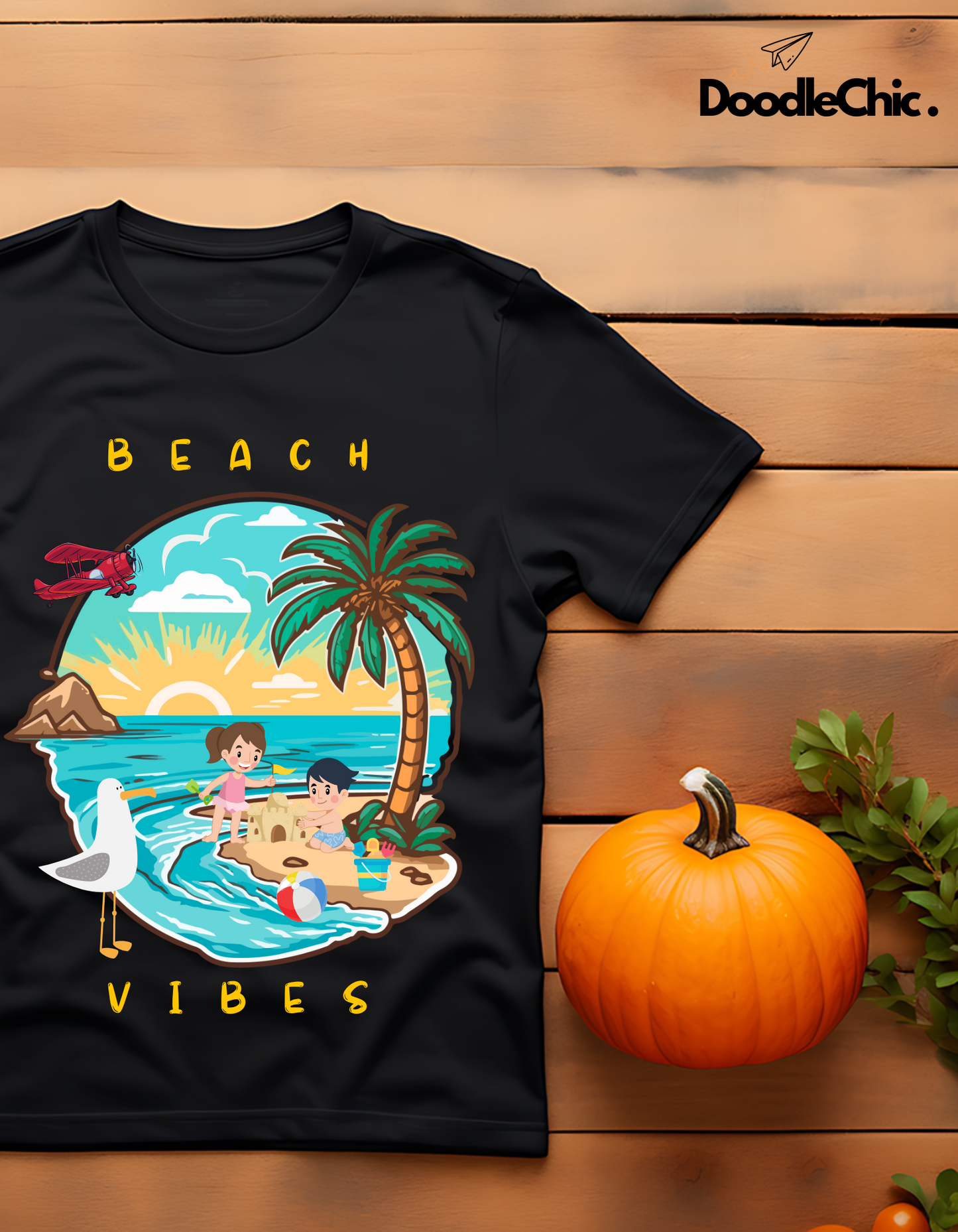 Beach Vibes Kids Organic Cotton T-shirt Black from DoodleChic