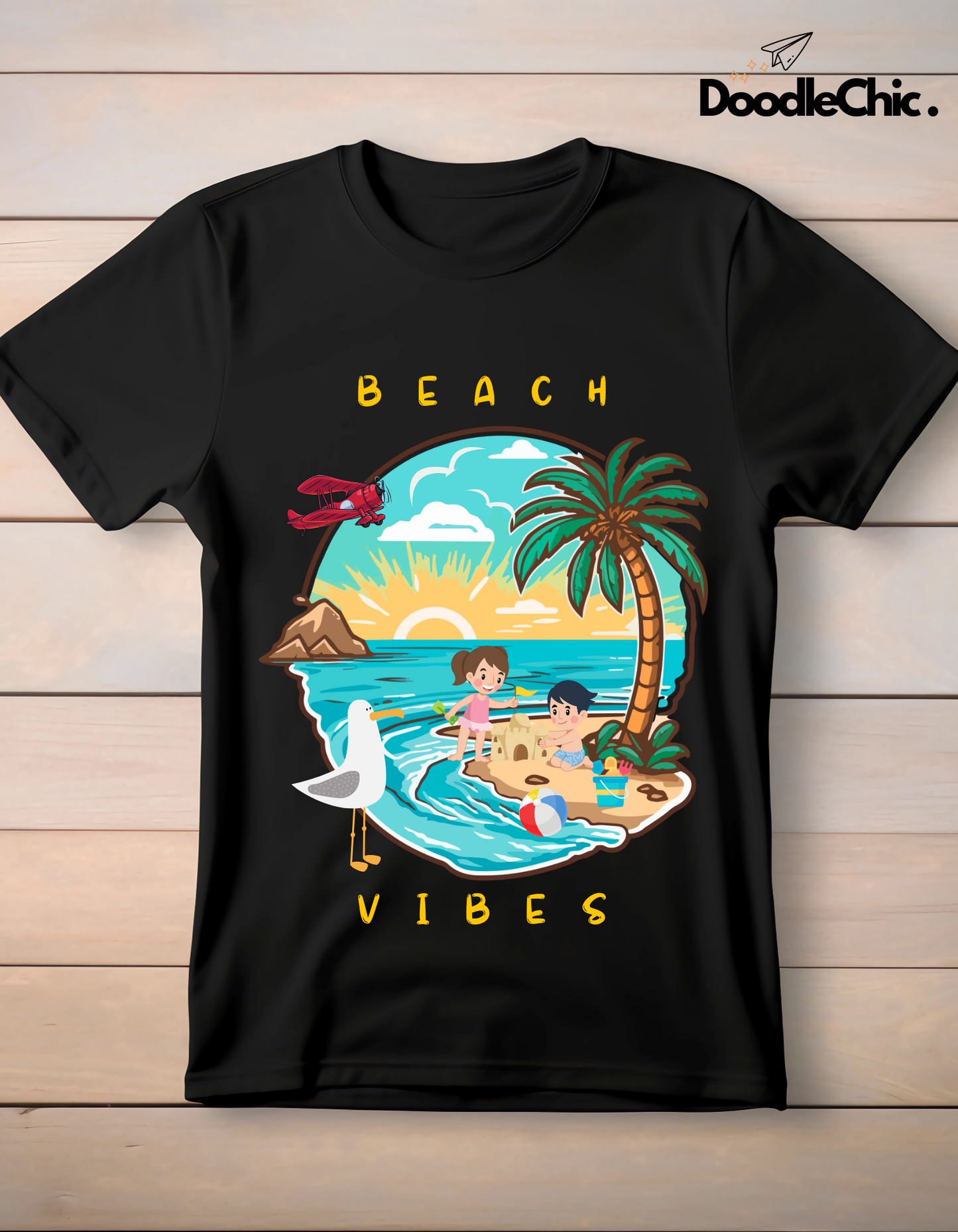 Beach Vibes Kids Organic Cotton T-shirt Black from DoodleChic