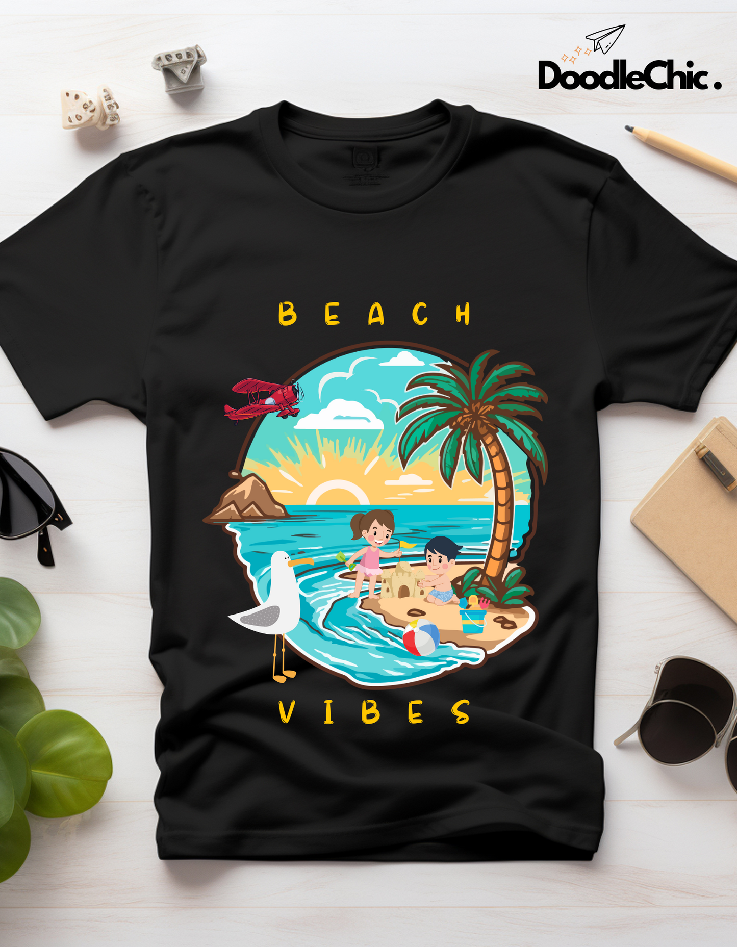 Beach Vibes Kids Organic Cotton T-shirt Black from DoodleChic