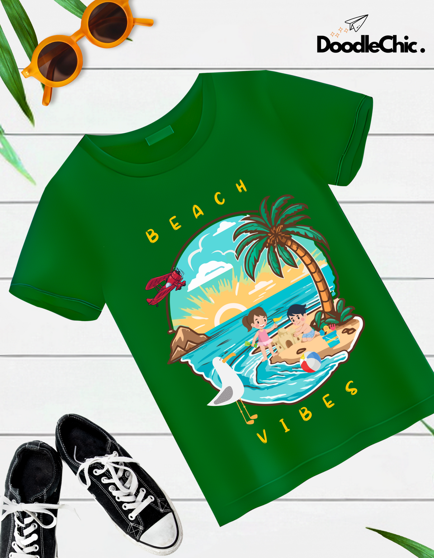 Beach Vibes Kids Organic Cotton T-shirt Green from DoodleChic
