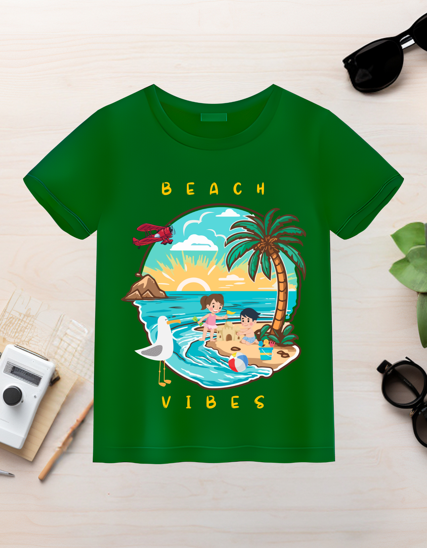 Beach Vibes Kids Organic Cotton T-shirt Green from DoodleChic