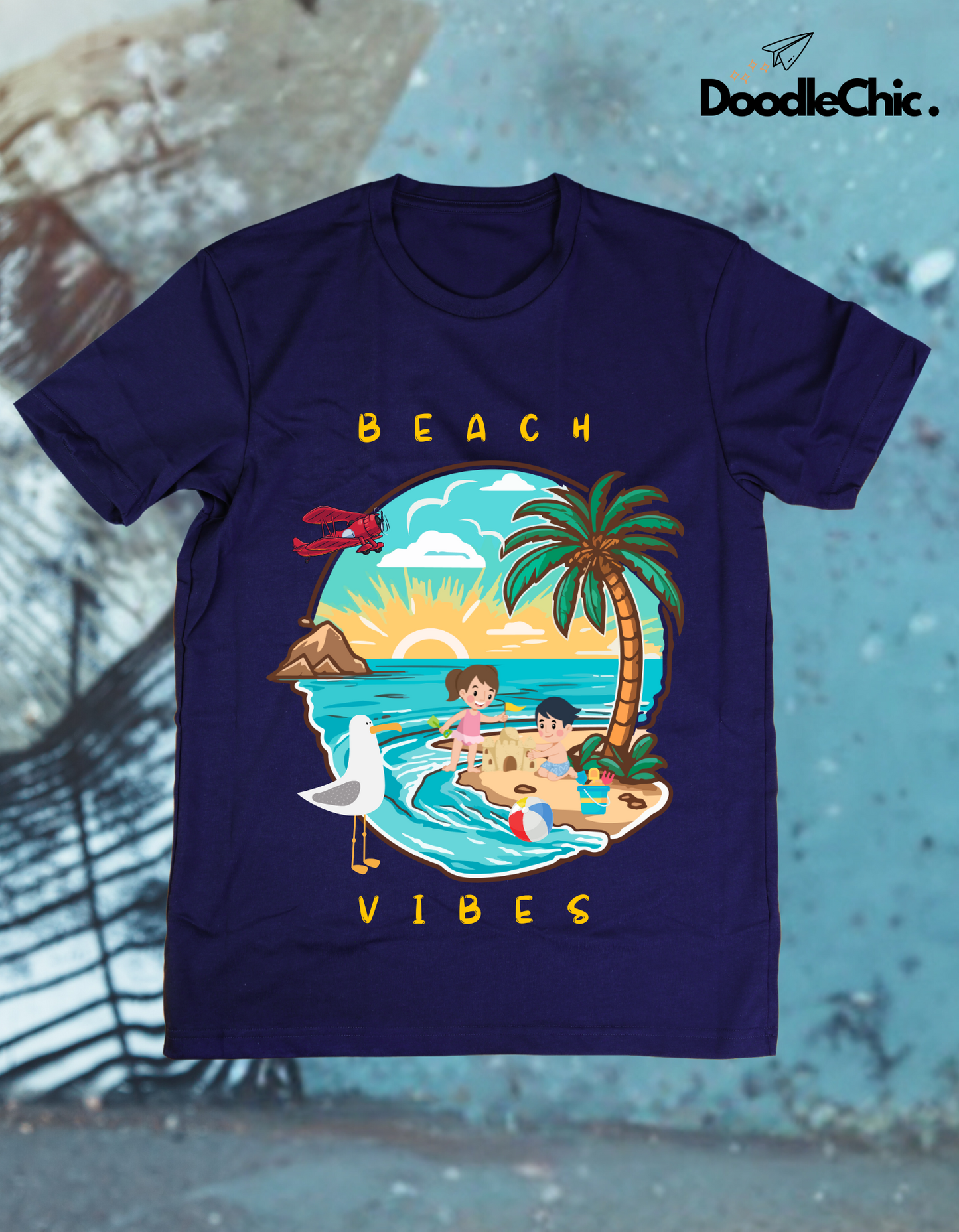 Beach Vibes Kids Organic Cotton T-shirt Navy Blue from DoodleChic