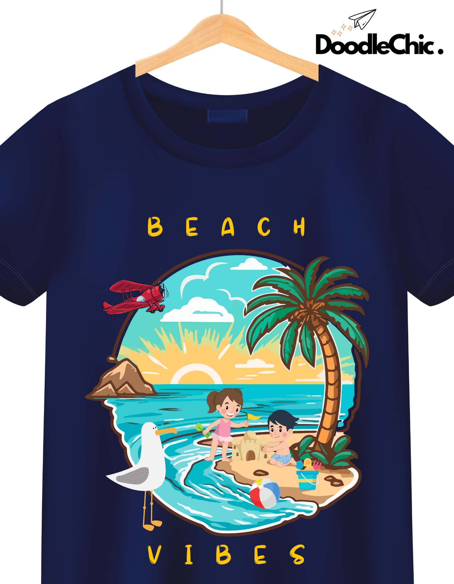 Beach Vibes Kids Organic Cotton T-shirt Navy Blue from DoodleChic