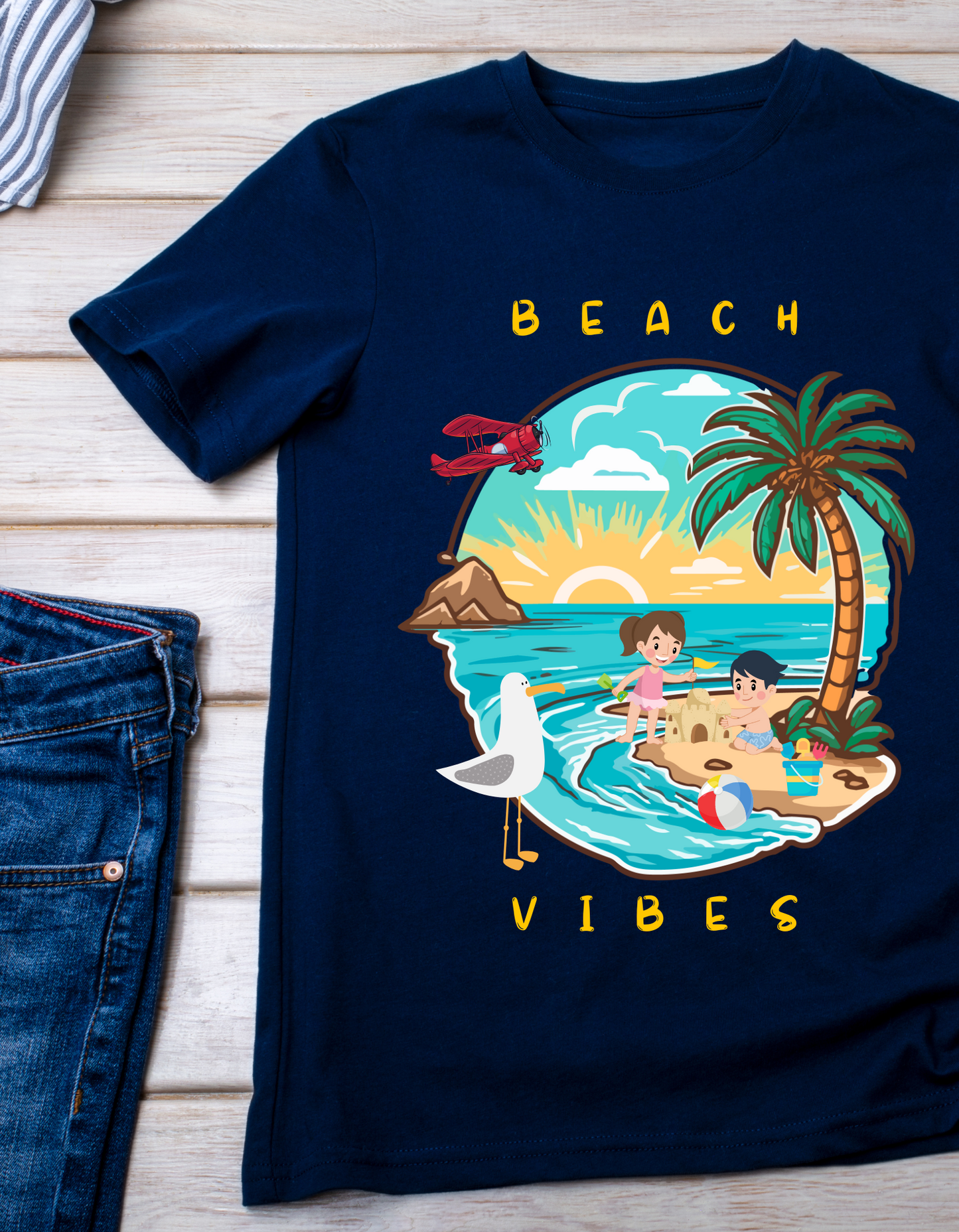 Beach Vibes Kids Organic Cotton T-shirt Navy Blue from DoodleChic