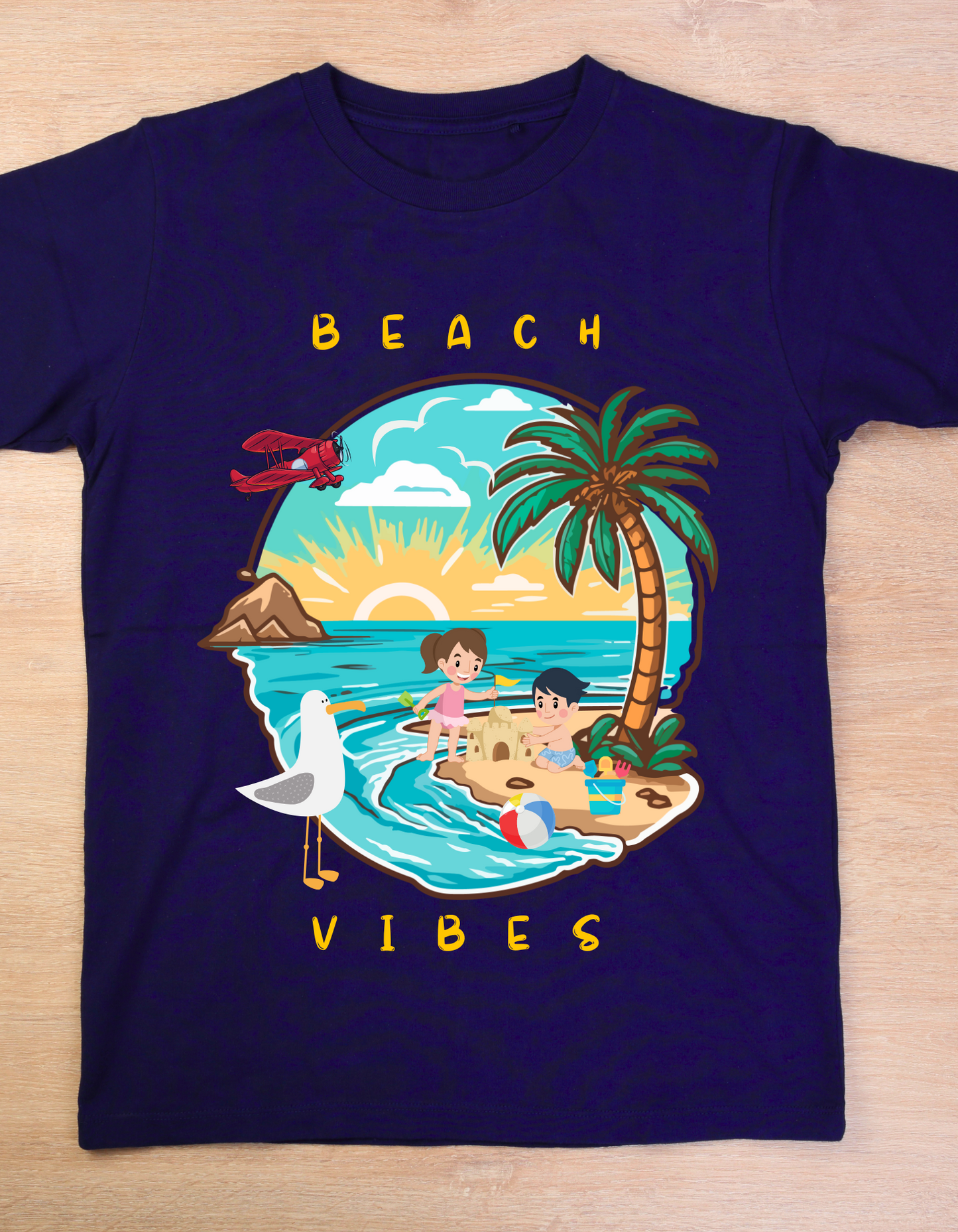 Beach Vibes Kids Organic Cotton T-shirt Navy Blue from DoodleChic