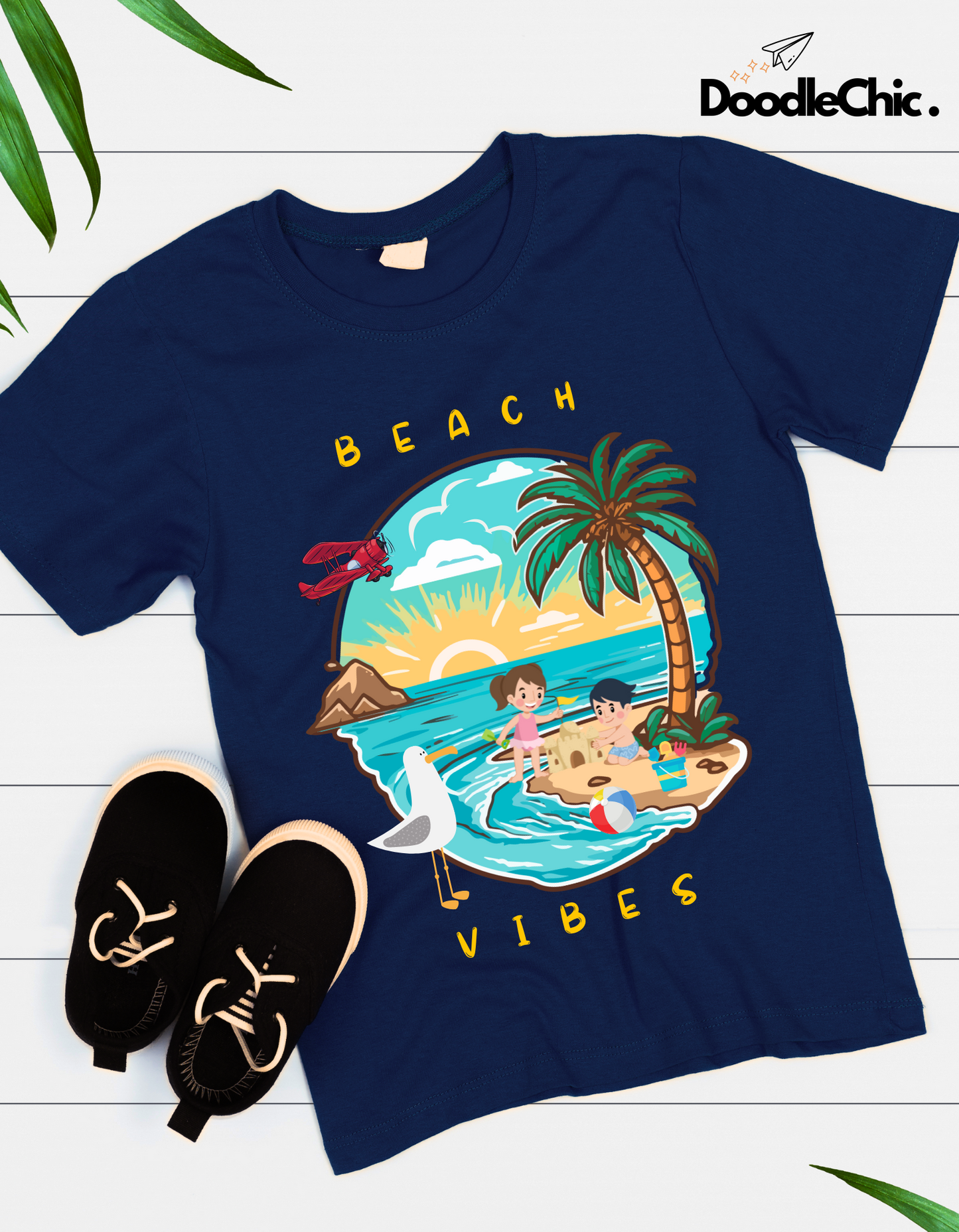 Beach Vibes Kids Organic Cotton T-shirt Navy Blue from DoodleChic