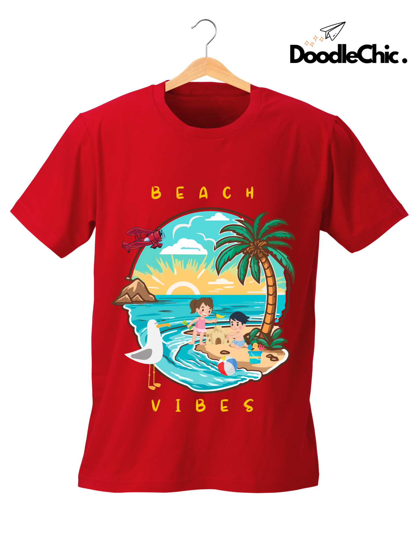 Beach Vibes Kids Organic Cotton T-shirt Red from DoodleChic