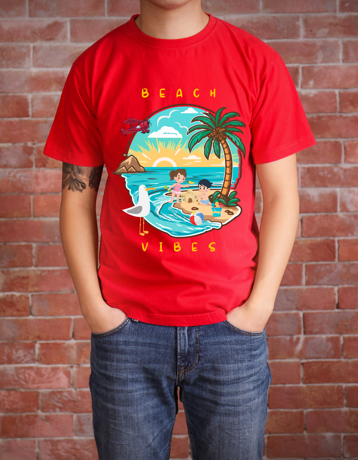 Beach Vibes Kids Organic Cotton T-shirt Red from DoodleChic