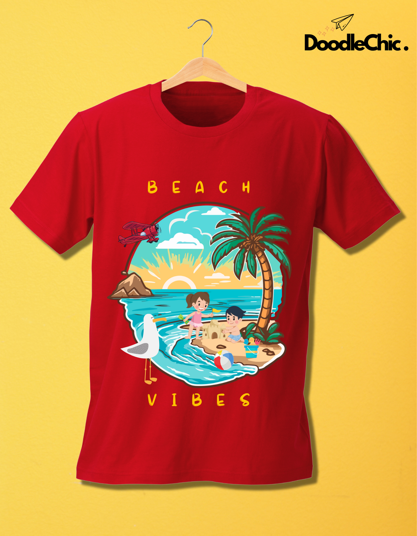 Beach Vibes Kids Organic Cotton T-shirt Red from DoodleChic