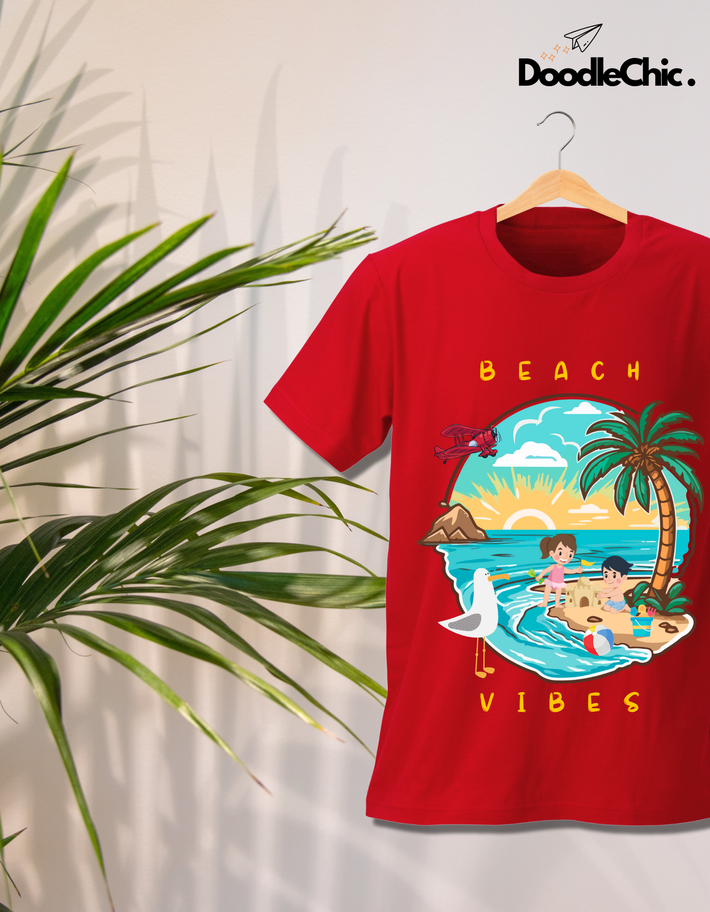 Beach Vibes Kids Organic Cotton T-shirt Red from DoodleChic