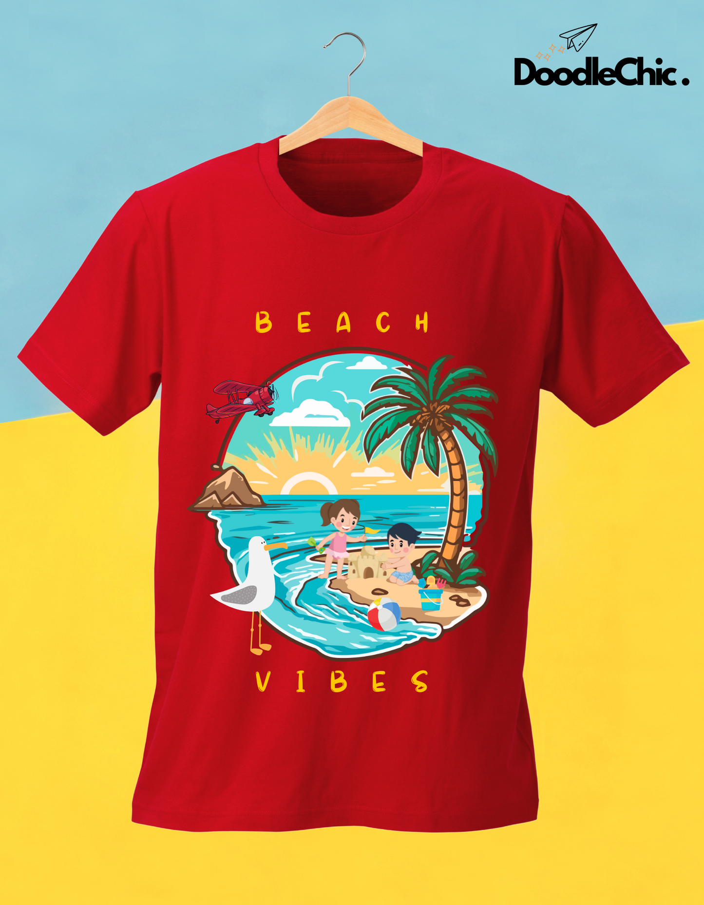 Beach Vibes Kids Organic Cotton T-shirt Red from DoodleChic