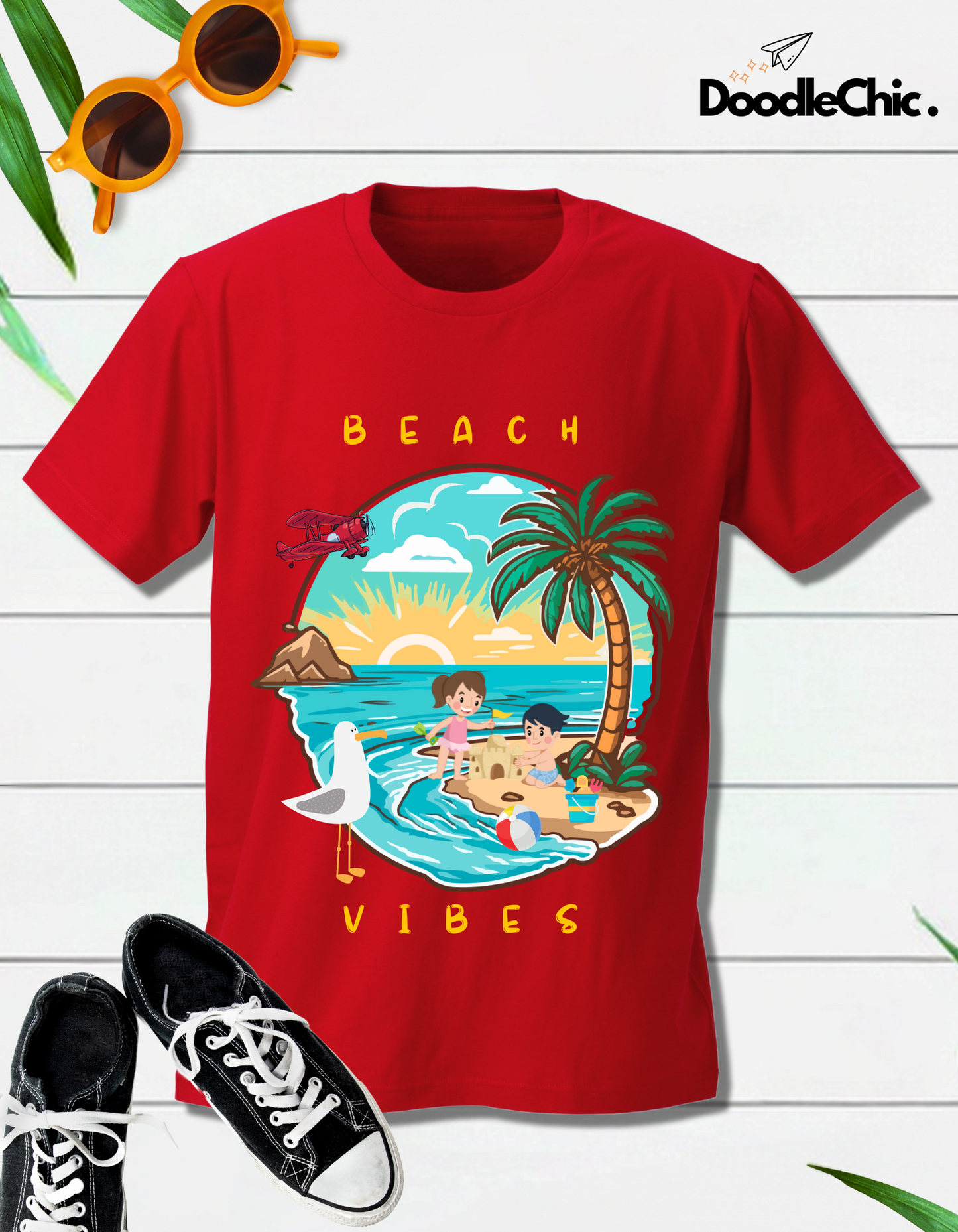 Beach Vibes Kids Organic Cotton T-shirt Red from DoodleChic