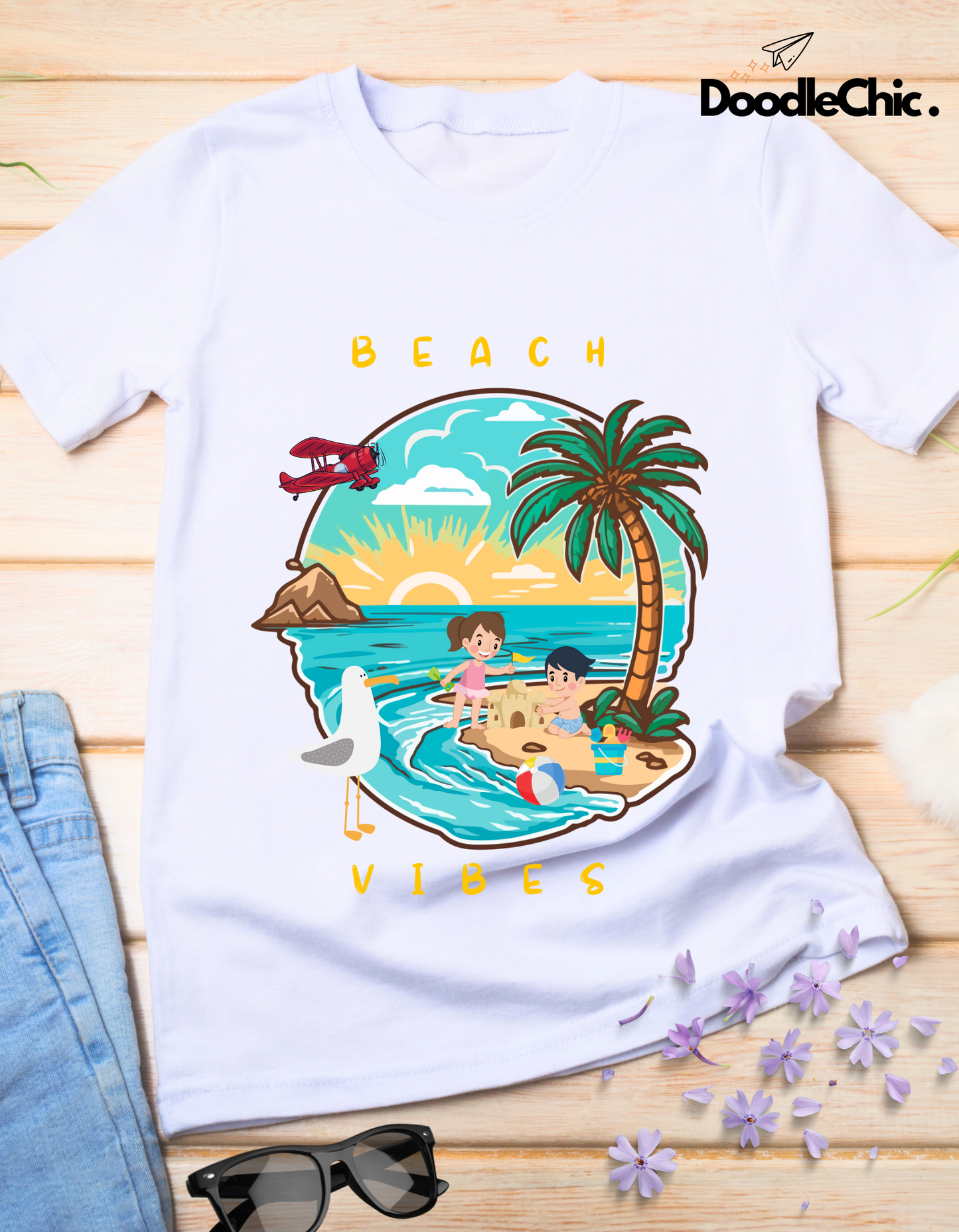 Beach Vibes Kids Organic Cotton T-shirt White from DoodleChic