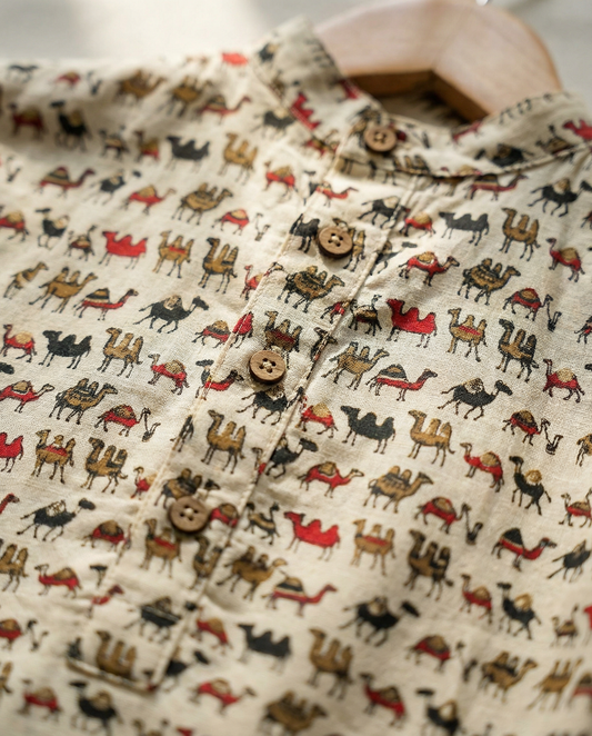 Camel print kurta for boys with traditional Rajasthan-inspired design, handcrafted in soft cotton fabric