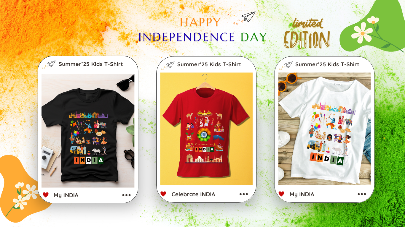 Three 'My India' kids t-shirts with colorful designs on a green and orange gradient background. Independence Day Limited Edition Tshirts from DoodleChic