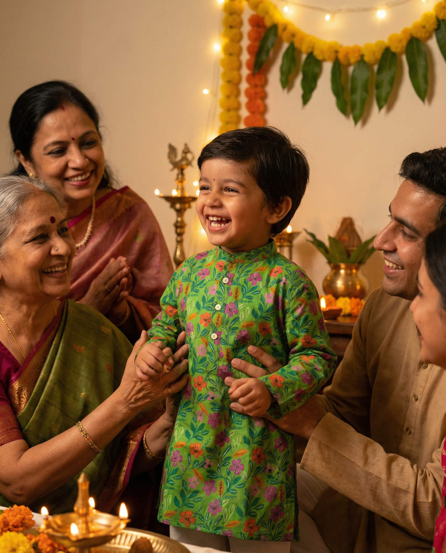 Family celebration with a child in a green floral shirt, surrounded by adults in traditional attire.