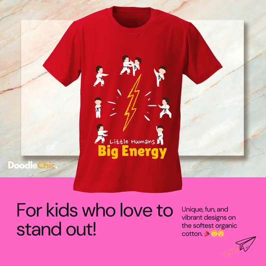 Little Humans -DoodleChic 100% Organic Cotton Red Printed Kids T-shirt displayed on marble background, ideal for bold and playful kids' fashion.