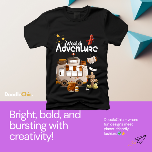 World Adventure - DoodleChic 100% Organic Cotton Black Kids T-shirt laid flat with colorful background, showcasing eco-friendly kidswear with travel theme.