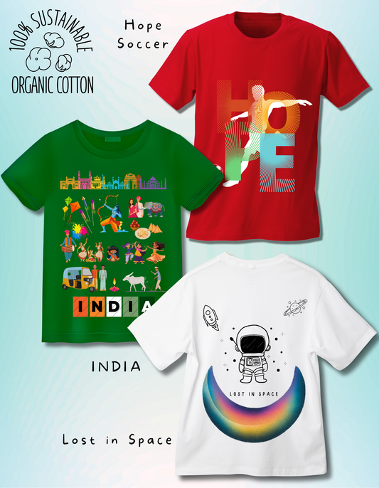 Set of 3 Kids T-Shirts – 100% Organic Cotton: vibrant red Hope Soccer, green India culture, and white Lost in Space astronaut design.