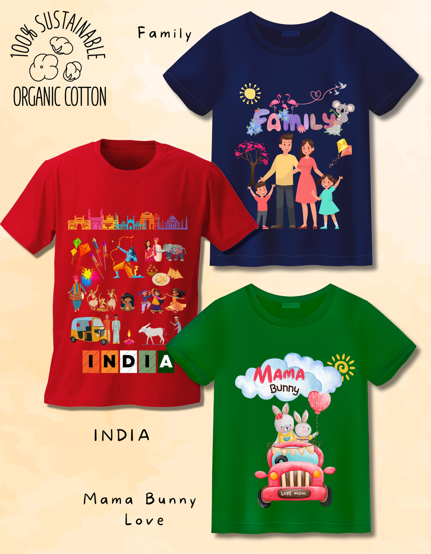 Pack of 3 Family, Bunny and India Tshirts
