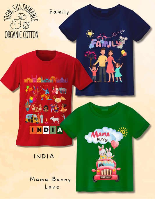 Set of 3 kids' t-shirts made from 100% organic cotton with India, Bunny, and Family themes. Soft, sustainable clothing for conscious kidswear.