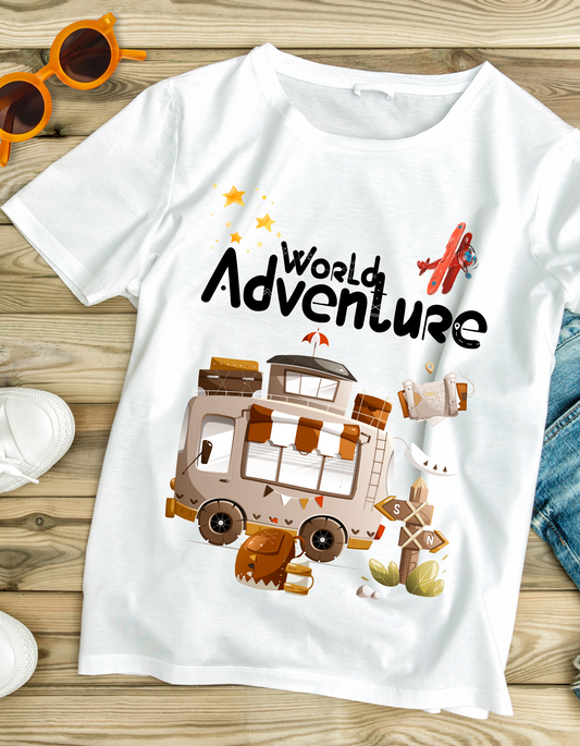 World Adventure by DoodleChic - 100% Organic Cotton White Kids T-shirt laid flat with colorful caravan and airplane illustration, ideal for eco-conscious kids.