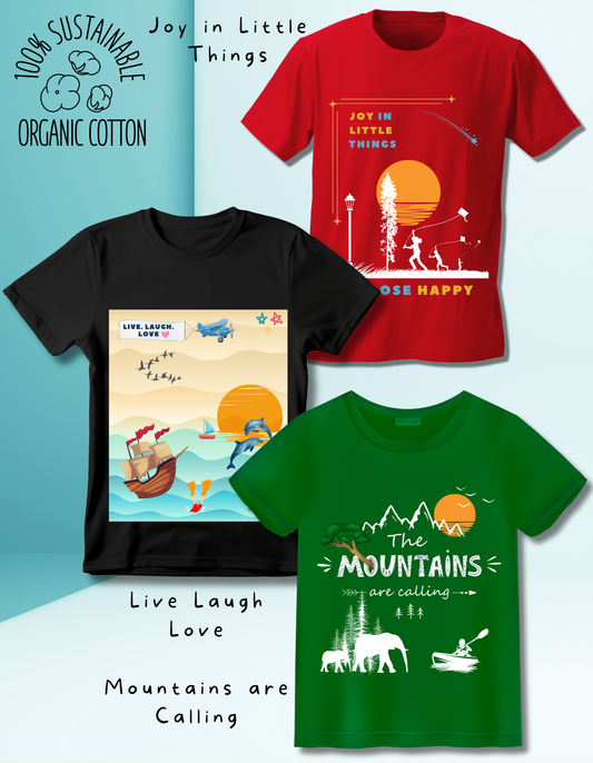 Set of 3 Organic Cotton Kids T-shirts with playful prints: red Joy in Little Things, black Live Laugh Love, and green Mountains are Calling.
