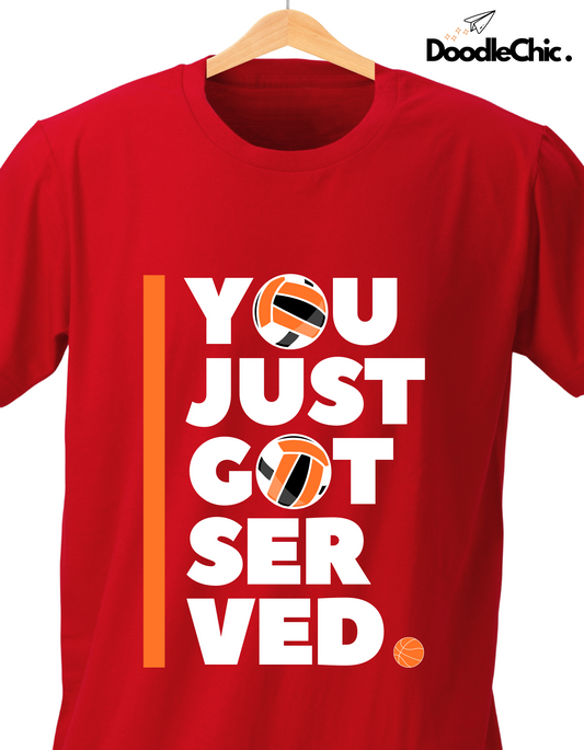 Close-up of Soccer Tee - DoodleChic Kids' Red T-shirt featuring large white text and volleyball icons, made from 100% organic cotton.