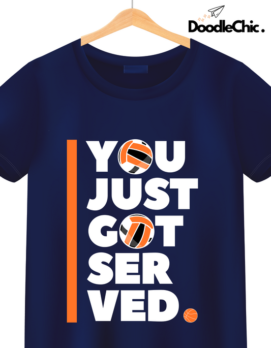 Close-up of Soccer Tee - DoodleChic 100% Organic Cotton Kids' White T-shirt showing sporty volleyball-themed 'You Just Got Served' design. Sustainable fashion.