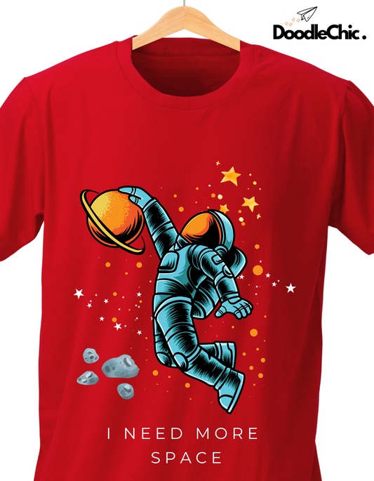 Close-up of Space by DoodleChic - 100% Organic Cotton Red Printed T-shirt for Kids with vibrant astronaut and space-themed design.