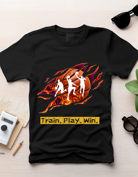 Black organic cotton kids' T-shirt by DoodleChic featuring 'Train Play Win' slogan and dynamic sports graphic, ideal for activewear fashion.