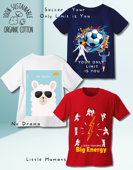 Set of 3 eco-friendly kids' T-shirts in white, red, and navy blue with playful prints: llama, karate, and soccer themes for active kids' fashion.