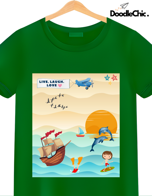 Green organic cotton kids t-shirt by DoodleChic with 'Live Laugh Love' slogan and colorful ocean scene, ideal for summer and travel wear.