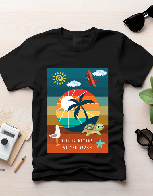 Beach by DoodleChic - 100% Organic Cotton Black Printed Kids T-shirt laid flat on desk, featuring vibrant beach graphics and playful summer elements.