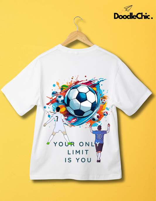 Back view of Soccer by DoodleChic - Organic Cotton White Kids T-shirt featuring bold soccer-themed print and motivational quote for young athletes.