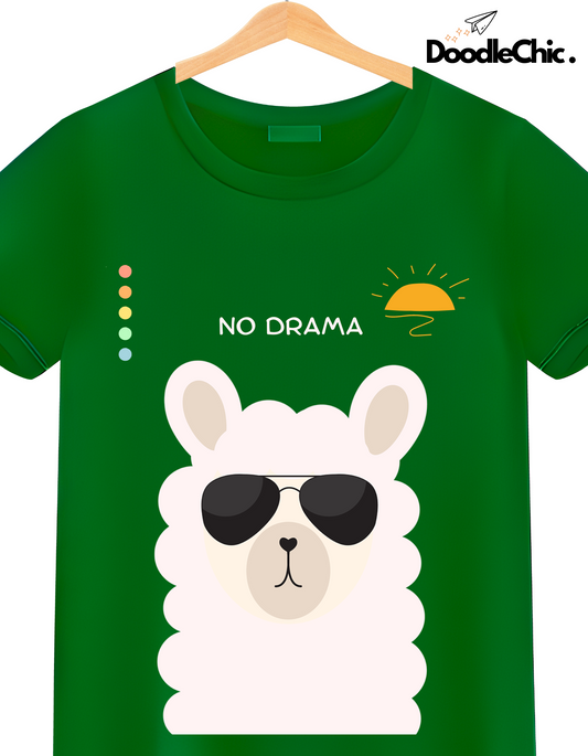 Close-up of No Drama by DoodleChic- 100% Organic Cotton Green Printed kids T-shirt with a stylish llama graphic and sun illustration.