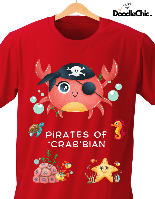 Close-up of Pirates of 'Crab'bian - DoodleChic Red Kids T-shirt with pirate crab, turtle, seahorse, and starfish. Made from 100% organic cotton.