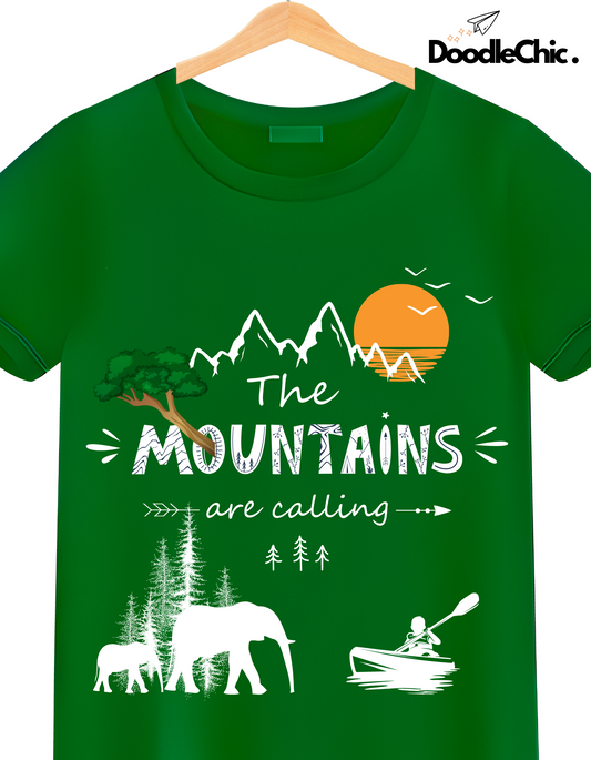 Close-up of Mountains by DoodleChic - 100% Organic Cotton Green T-shirt for Kids featuring mountain, wildlife, and adventure-themed design.