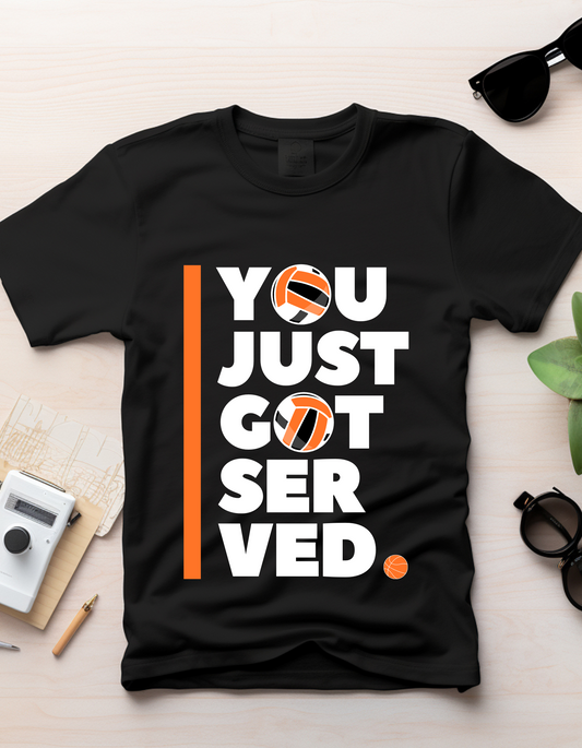 Soccer Tee - DoodleChic 100% Organic Cotton Kids' Black T-shirt laid flat on desk with sporty 'You Just Got Served' design.