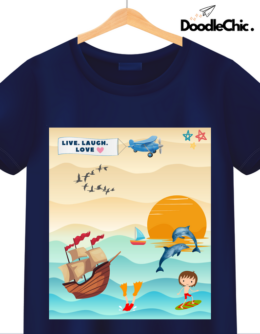 DoodleChic navy blue organic cotton kids T-shirt with 'Live Laugh Love' banner and colorful ocean-themed illustration for summer wear.