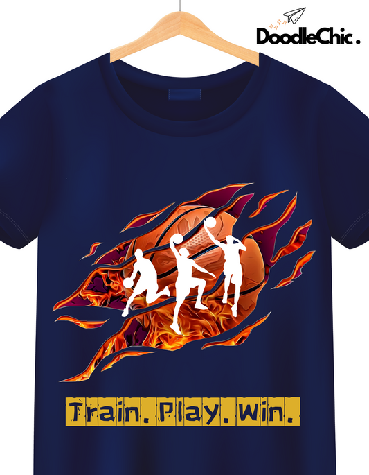 Close-up of Train Play Win-DoodleChic 100% Organic Cotton Kids' Navy Blue T-shirt featuring dynamic basketball-themed flame design. Perfect for sporty kids.