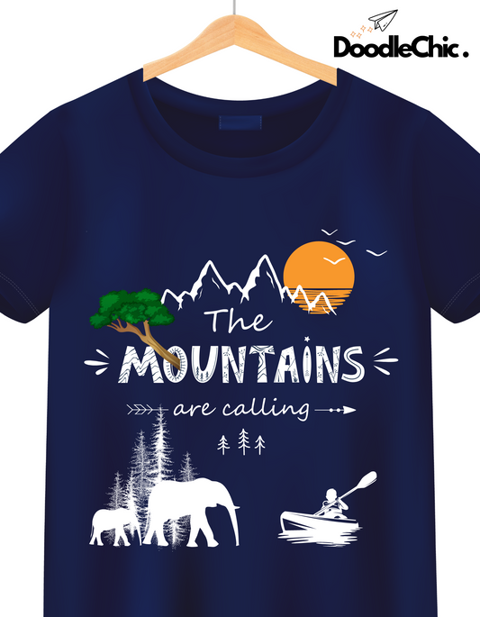 Close-up of Mountains by DoodleChic-100% Organic Cotton Navy Blue Kids T-shirt featuring bold mountain and nature-themed design.