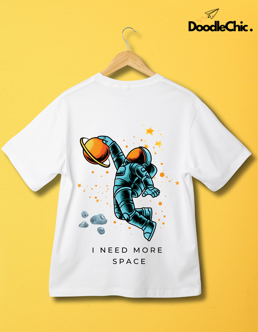 Back view of Space by DoodleChic - 100% Organic Cotton White Printed Kids T-shirt with astronaut and planet graphic and playful space theme.