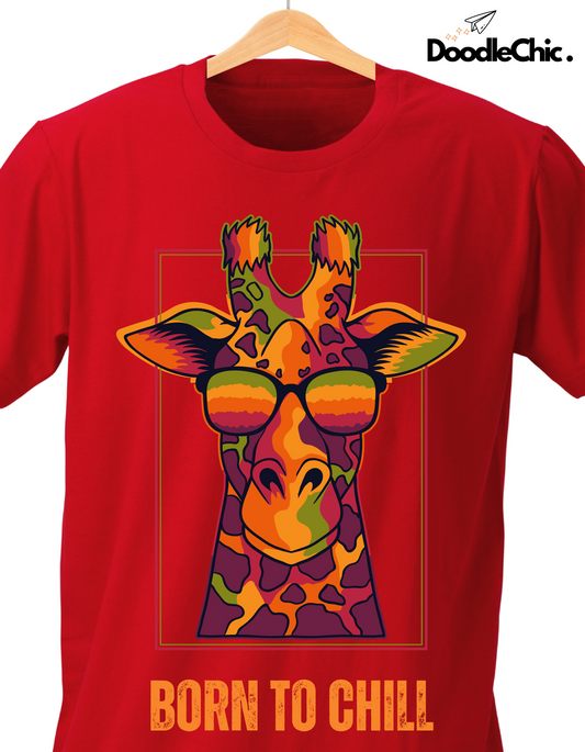 Close-up of Born to Chill - DoodleChic 100% Organic Cotton Red Printed Kids T-shirt with vibrant giraffe graphic and bold text.